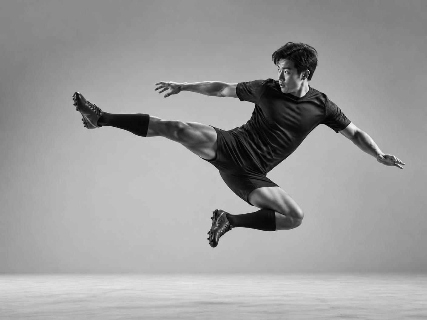 Athlete airborne, striking outward with the side of the foot