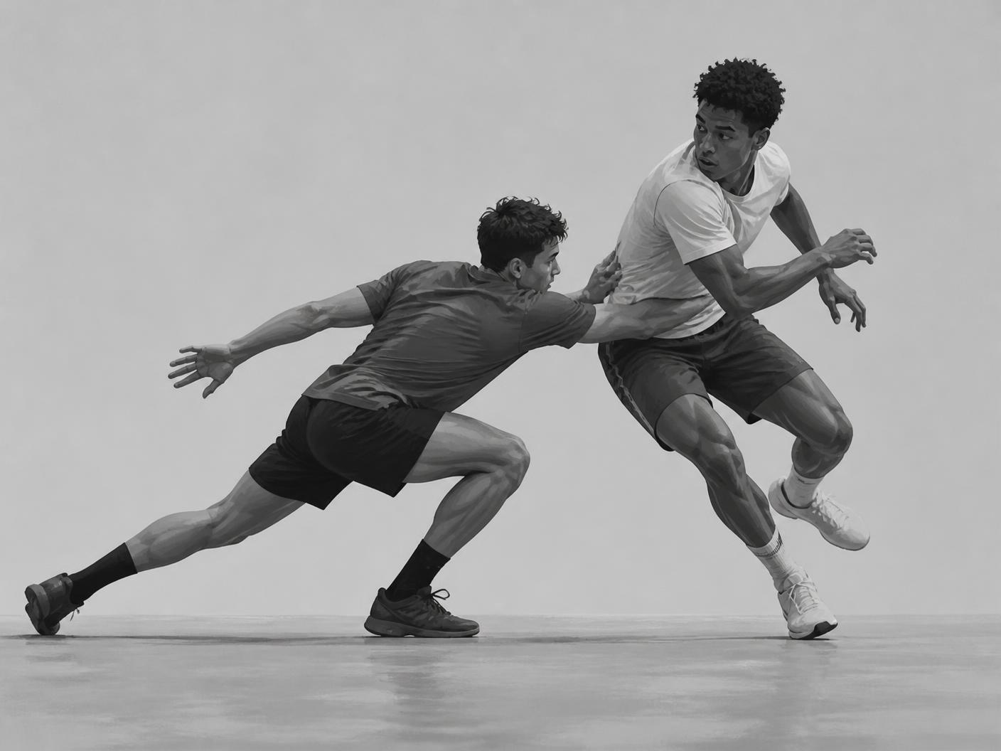Two athletes contesting space, one lunging to deflect as the other pivots away