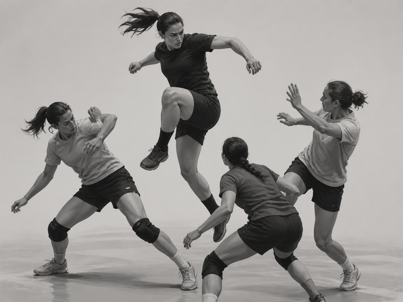 Four athletes clustered, one launching upward to strike while others evade